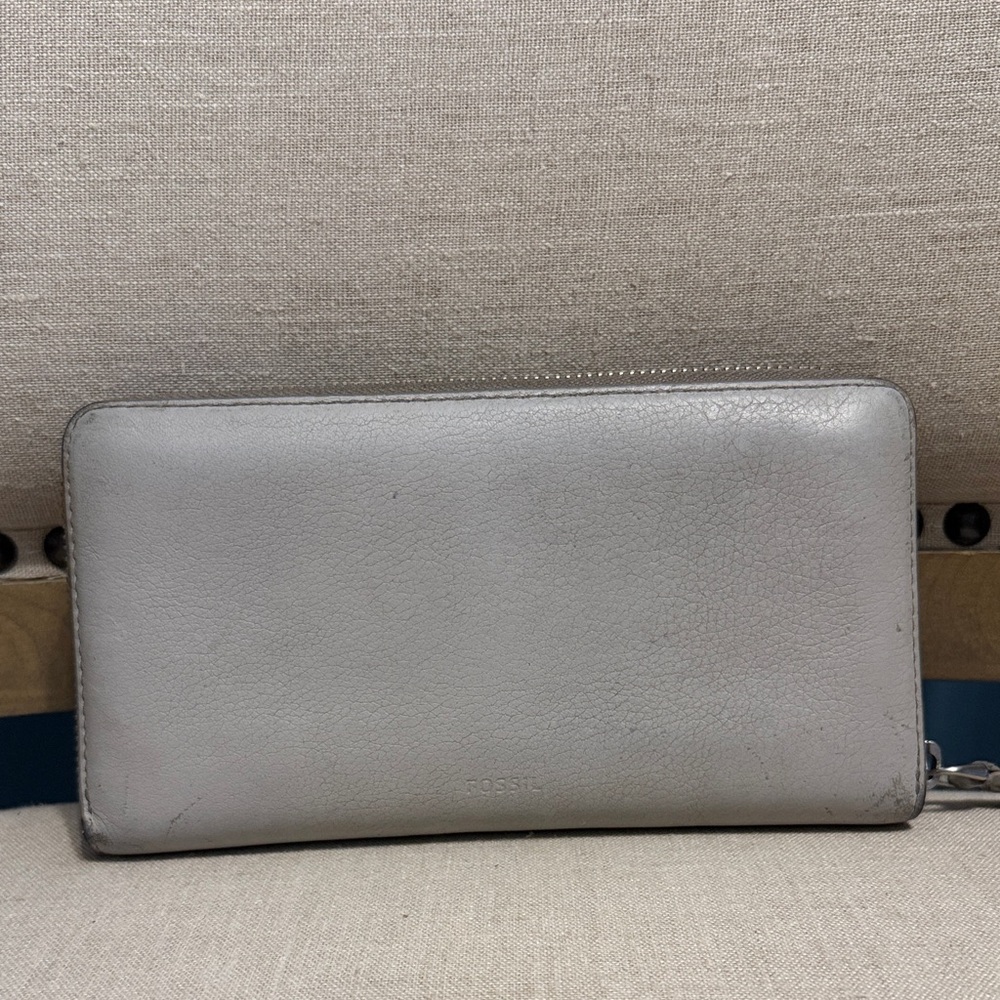 Fossil Silver Leather Zip-Around Wallet